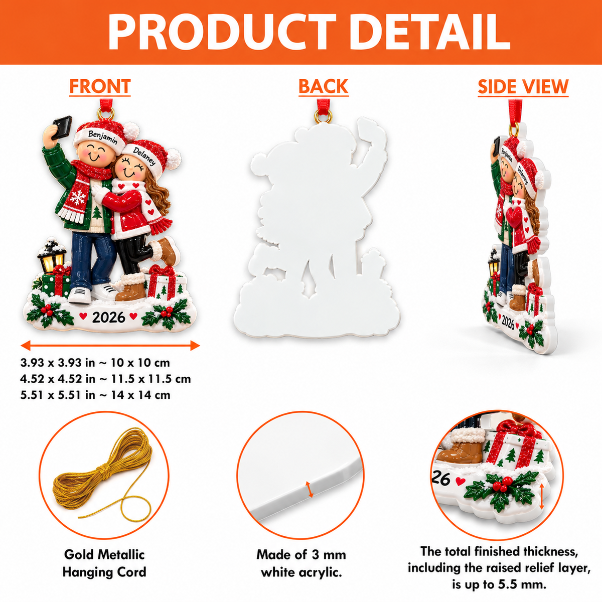 Personalized Christmas Couple Ornament, Cute Selfie Couple Holiday Keepsake Gift