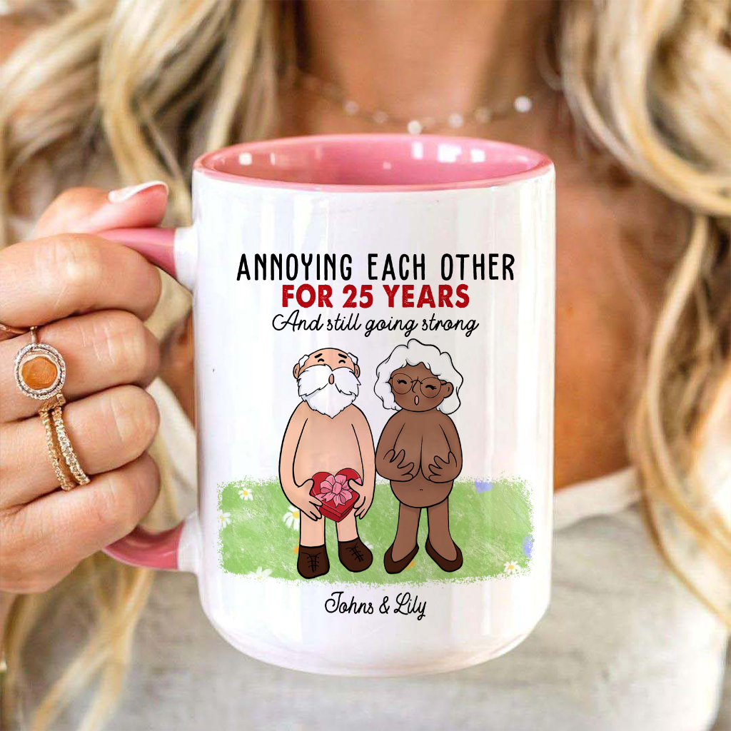 Annoying Each Other For Many Years Personalized Accent Mug, Anniversary Valentine Gift For Couple, Old Couple Coffee Mug