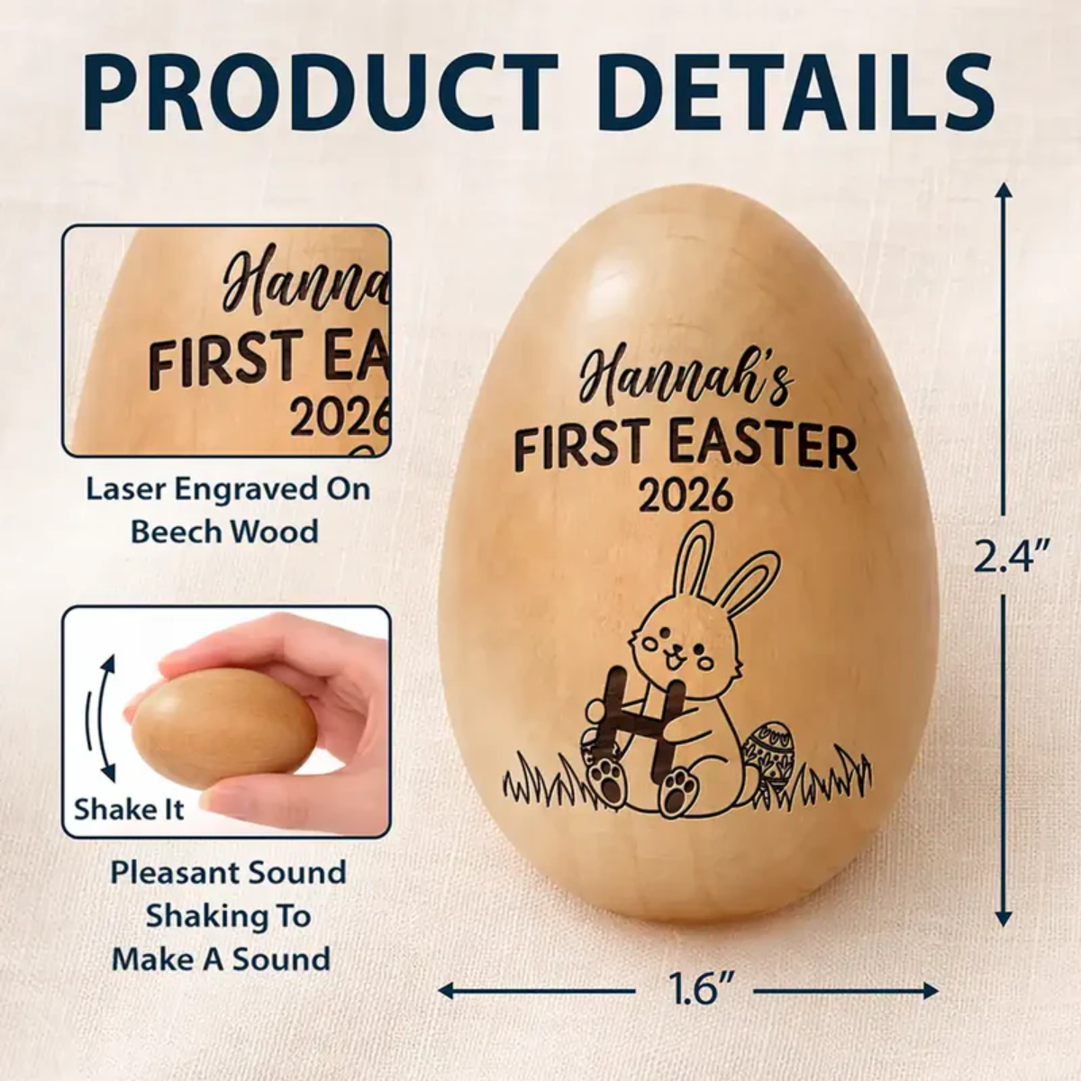 First Easter With Alphabet - Personalized Musical Wooden Easter Egg Shaker
