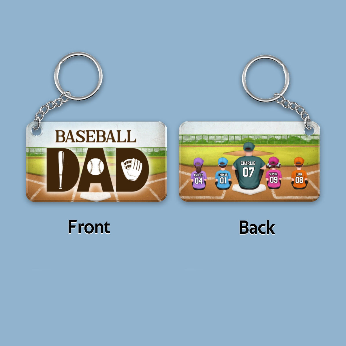 Baseball Dad And Kids Back View Personalized Acrylic Keychain
