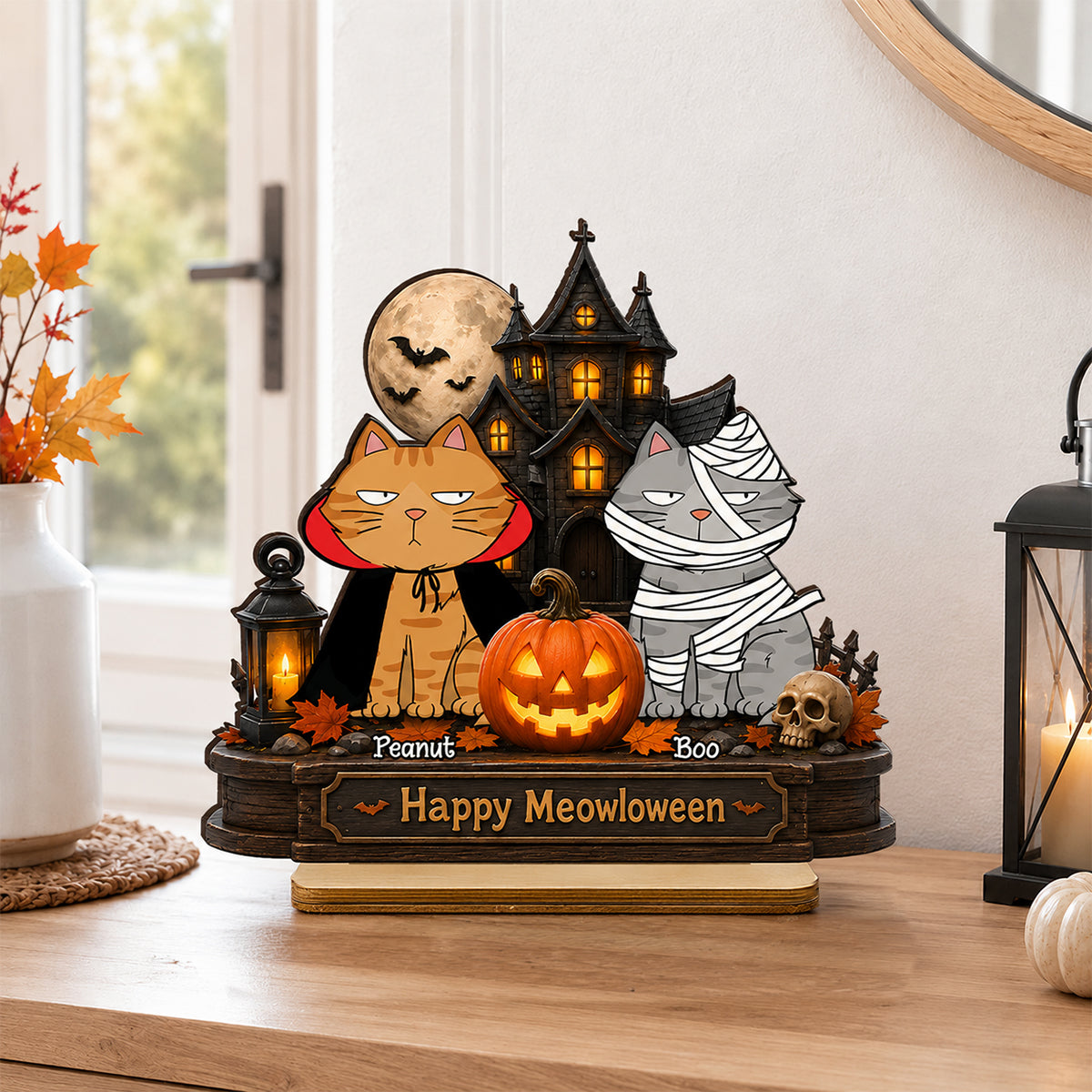 Happy Meowloween Cats - Personalized 2-Layered Wooden Plaque - Halloween Spooky Decor for Cat Lovers