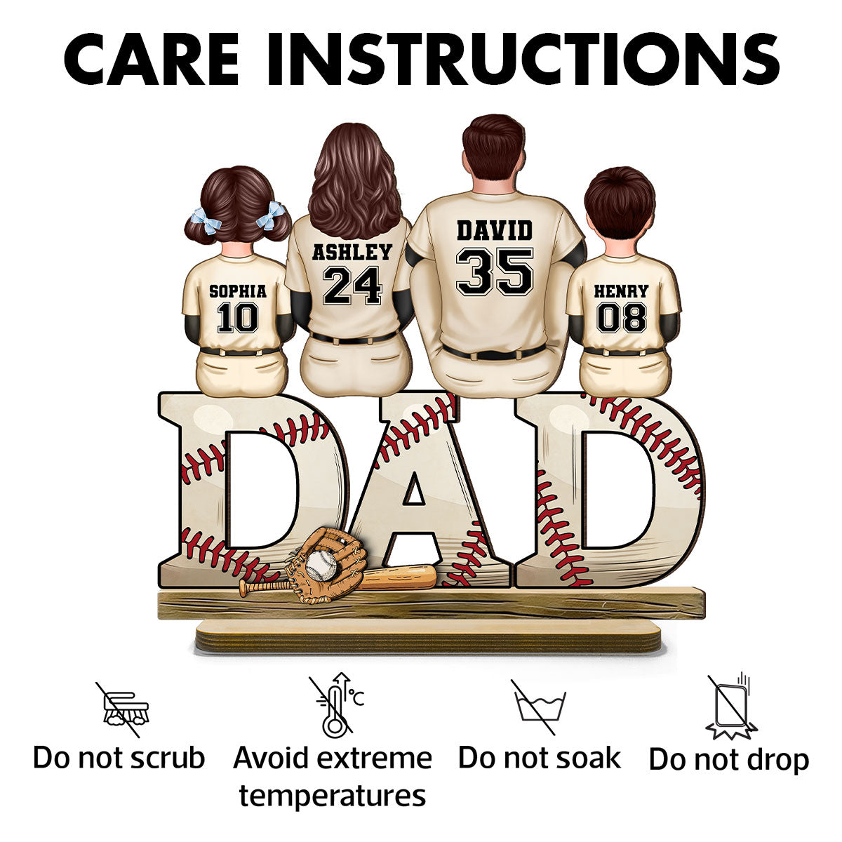 Baseball Dad Family Sitting Back View Personalized Standing Wooden Plaque, Father's Day Gift for Dad, for Grandpa, for Husband