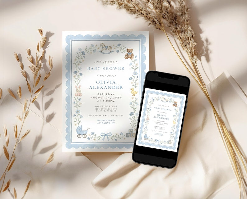 Blue Baby Shower Invitation Template, Vintage Nursery Toys Invite, Teddy Bear Rocking Horse, Floral Editable Printable Download