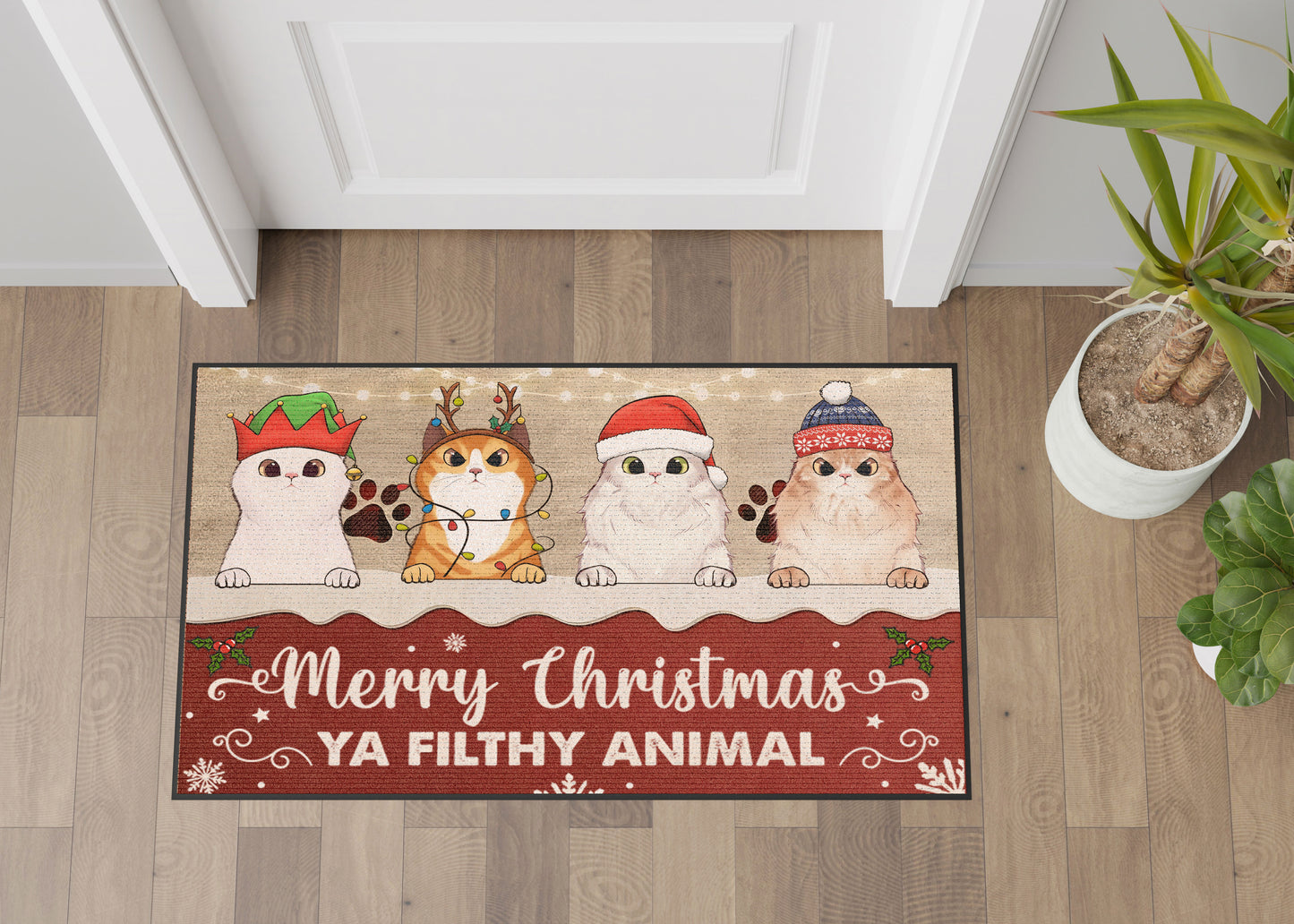 Merry Christmas Ya Filthy Animal Cat Lover v2 Doormat, Cat Personalized Home Decor Mat, Xmas Gift For Cat Owners, Pet Lovers Gift Idea