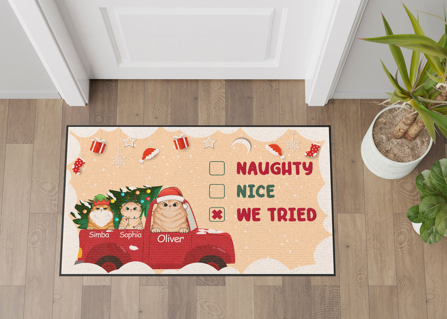 Naughty Nice We Tried Cat Lover v3 Doormat, Cat Personalized Home Decor Mat, Xmas Gift For Cat Owners, Pet Lovers Gift Idea