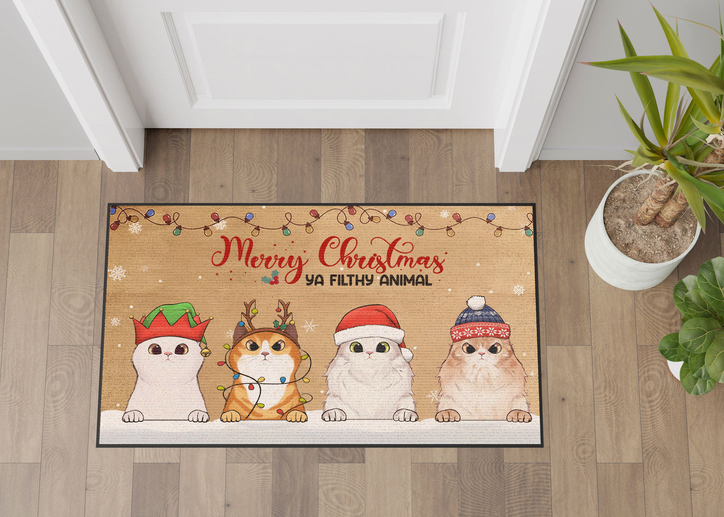 Merry Christmas Ya Filthy Animal Cat Lover Doormat, Cat Personalized Home Decor Mat, Xmas Gift For Cat Owners, Pet Lovers Gift Idea