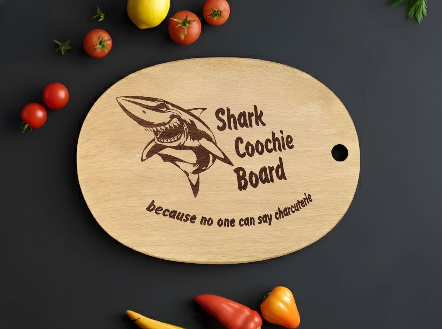 Shark Coochie Board - Funny Engraved Wooden Cutting Board for Kitchen Decor, Housewarming Gift for Him & Her