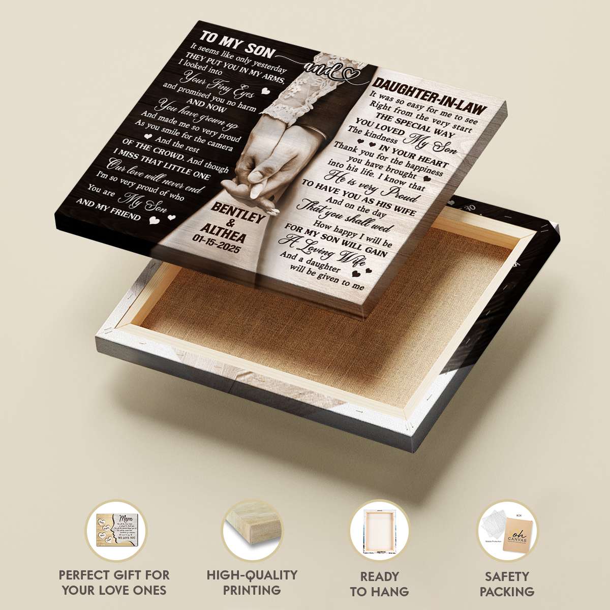 To My Son and Daughter In Law Canvas Wall Art – Personalized Wedding Gift From Parents of The Groom