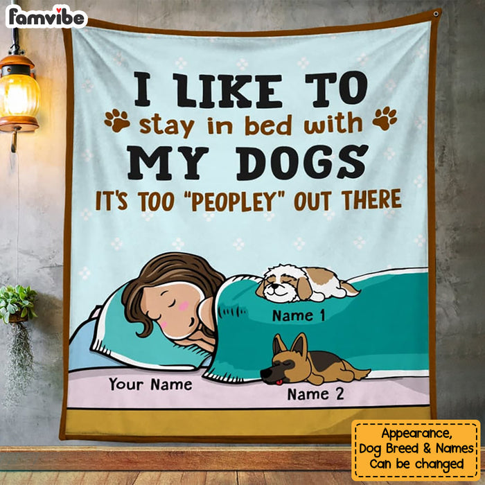 Personalized Stay In Bed With My Dog Blanket, Custom Dog Lover Sherpa Fleece Blanket, Christmas Gift for Dog Mom, Girl with Her Dogs Blanket