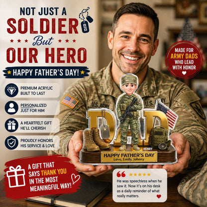 Proud American Military Armed Force Hero Dad 2D Flat - Personalized Acrylic Block Plaque - Father's Day Gift For Dad