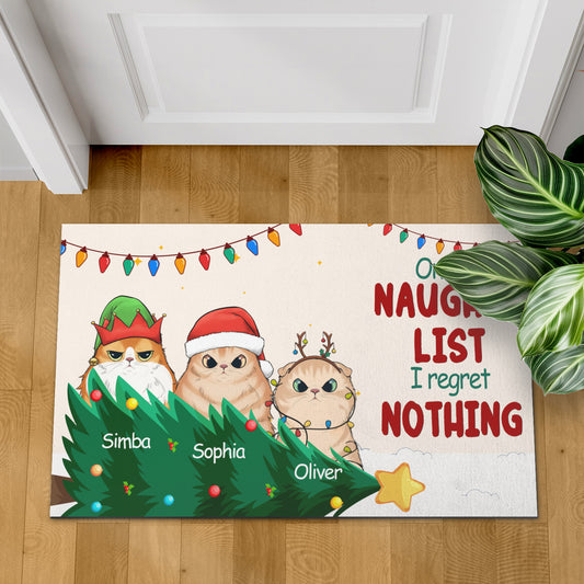 On The Naughty List I Regret Nothing Cat Lover v3 Doormat, Cat Personalized Home Decor Mat, Xmas Gift For Cat Owners, Pet Lovers Gift Idea