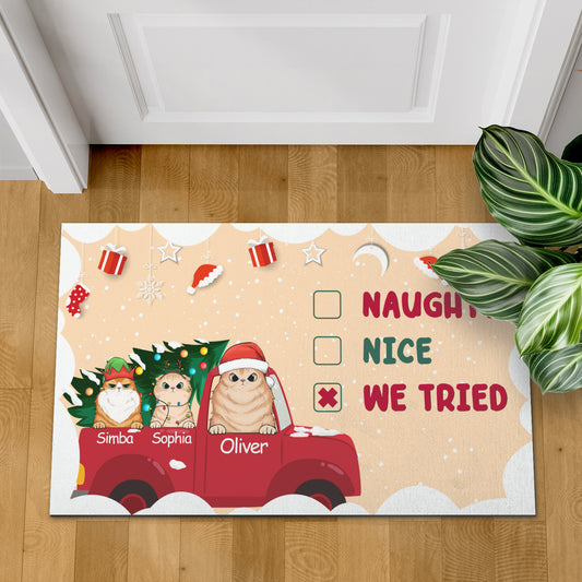 Naughty Nice We Tried Cat Lover v3 Doormat, Cat Personalized Home Decor Mat, Xmas Gift For Cat Owners, Pet Lovers Gift Idea