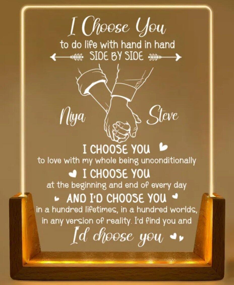 I Choose You - Personalized Night Light, Custom Couple Anniversary Gift for Wife & Husband