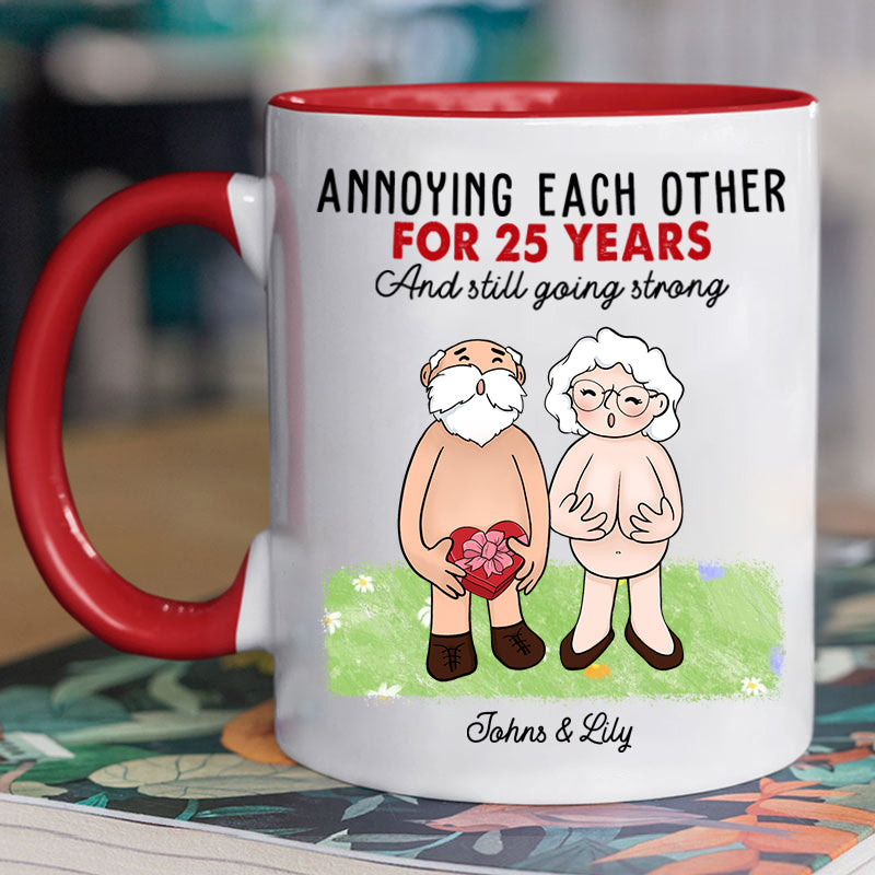 Annoying Each Other For Many Years Personalized Accent Mug, Anniversary Valentine Gift For Couple, Old Couple Coffee Mug