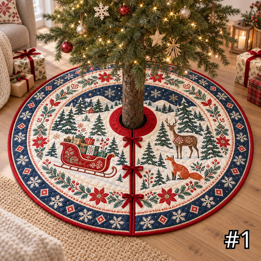 Scandinavian Christmas Tree Skirt – Red Sleigh Nordic Forest Design