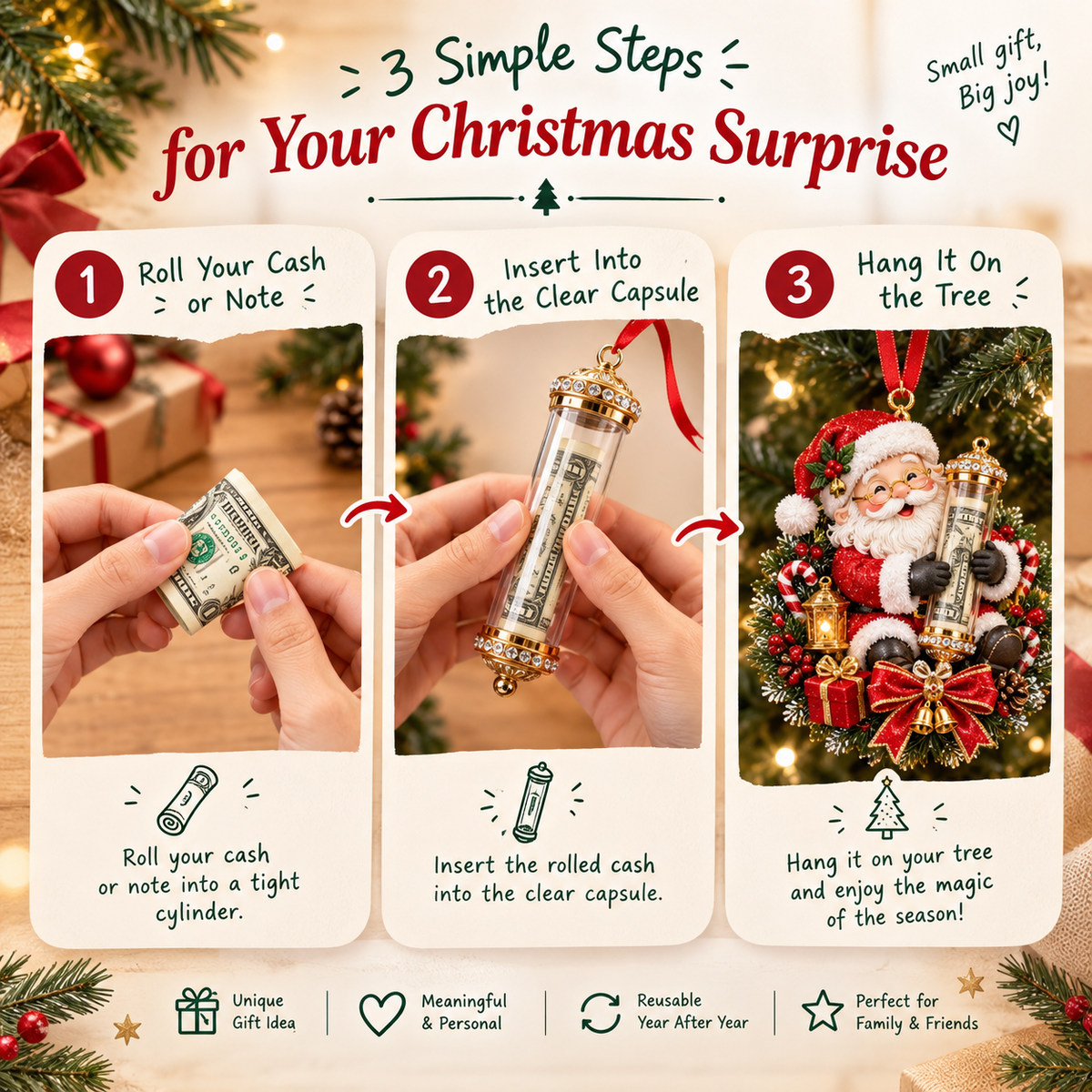 Personalized Christmas Animal Money Holder Ornament, Cute Acrylic Cash Gift for Kids and Family