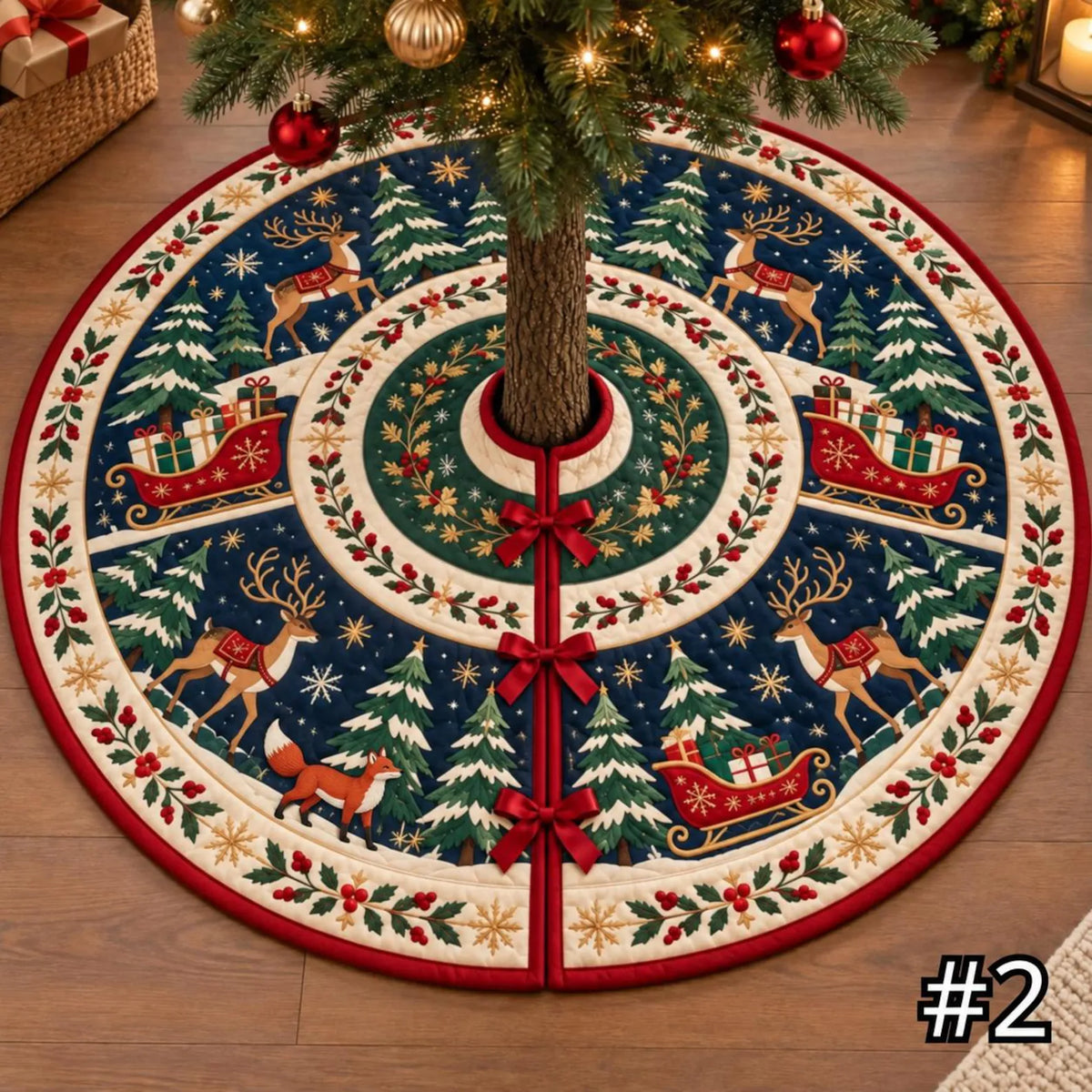 Scandinavian Christmas Tree Skirt – Red Sleigh Nordic Forest Design