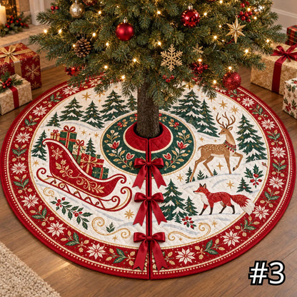 Scandinavian Christmas Tree Skirt – Red Sleigh Nordic Forest Design
