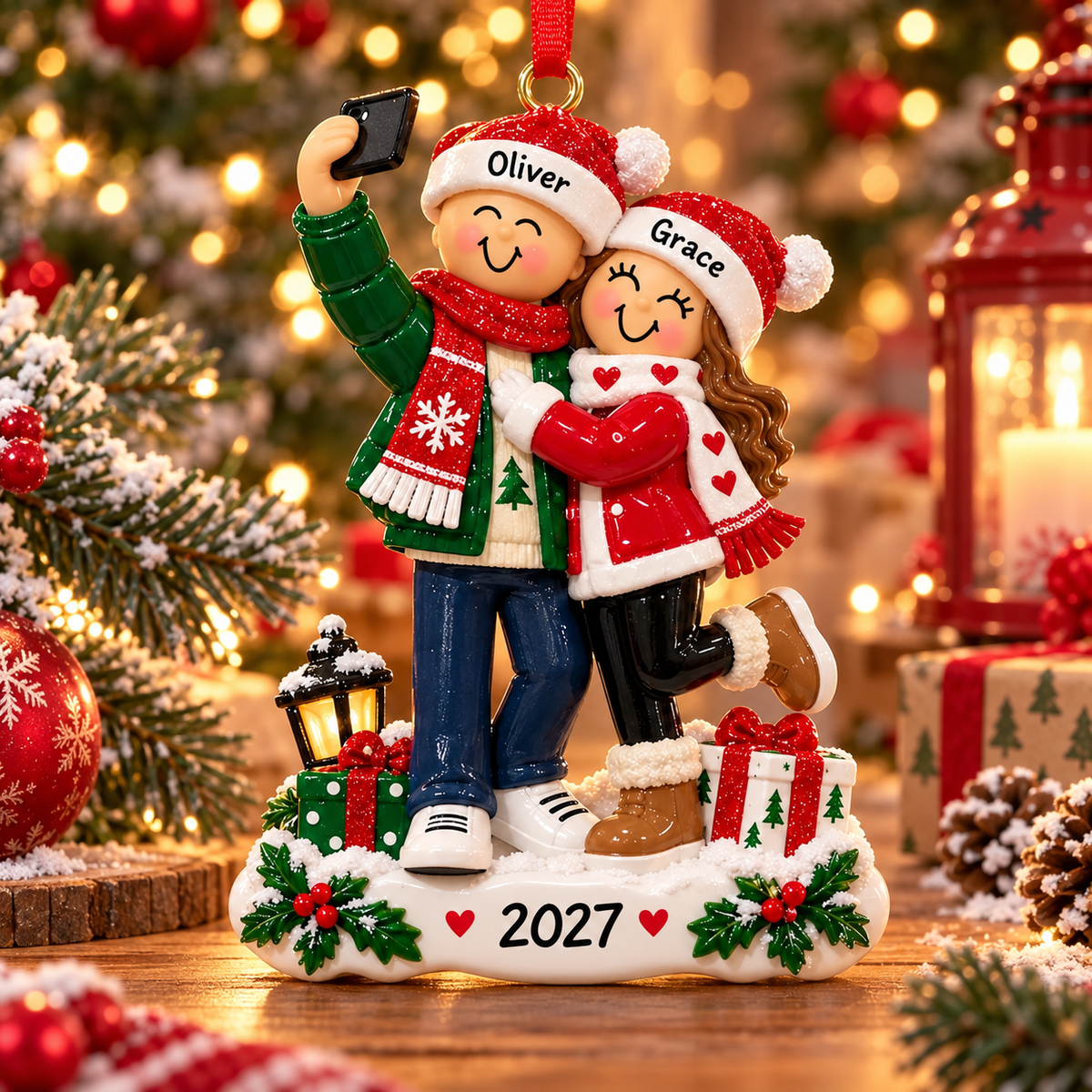 Personalized Christmas Couple Ornament, Cute Selfie Couple Holiday Keepsake Gift