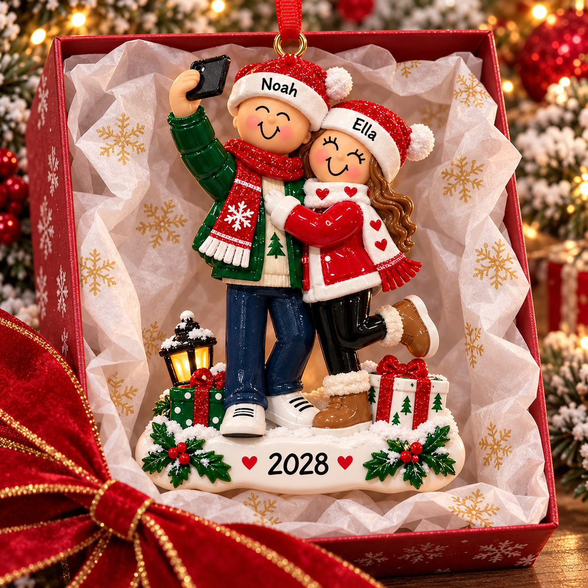 Personalized Christmas Couple Ornament, Cute Selfie Couple Holiday Keepsake Gift
