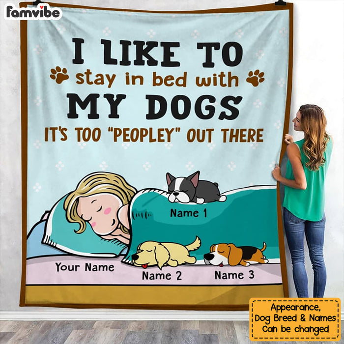 Personalized Stay In Bed With My Dog Blanket, Custom Dog Lover Sherpa Fleece Blanket, Christmas Gift for Dog Mom, Girl with Her Dogs Blanket