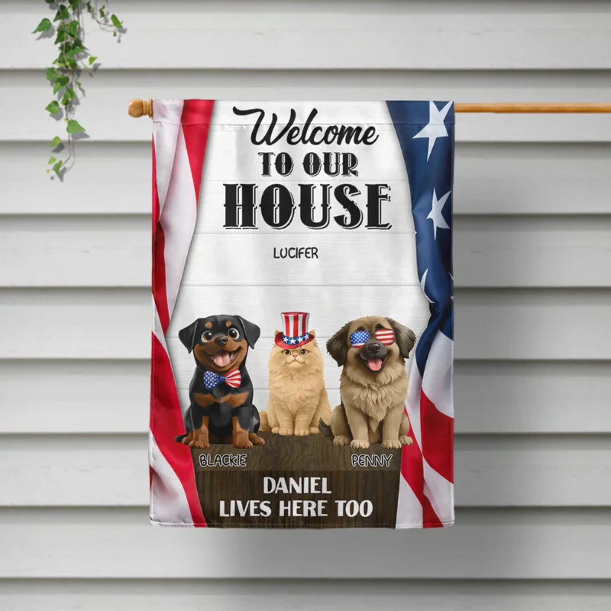 3D Effect Dog Cat Welcome To Our House - Personalized Flag