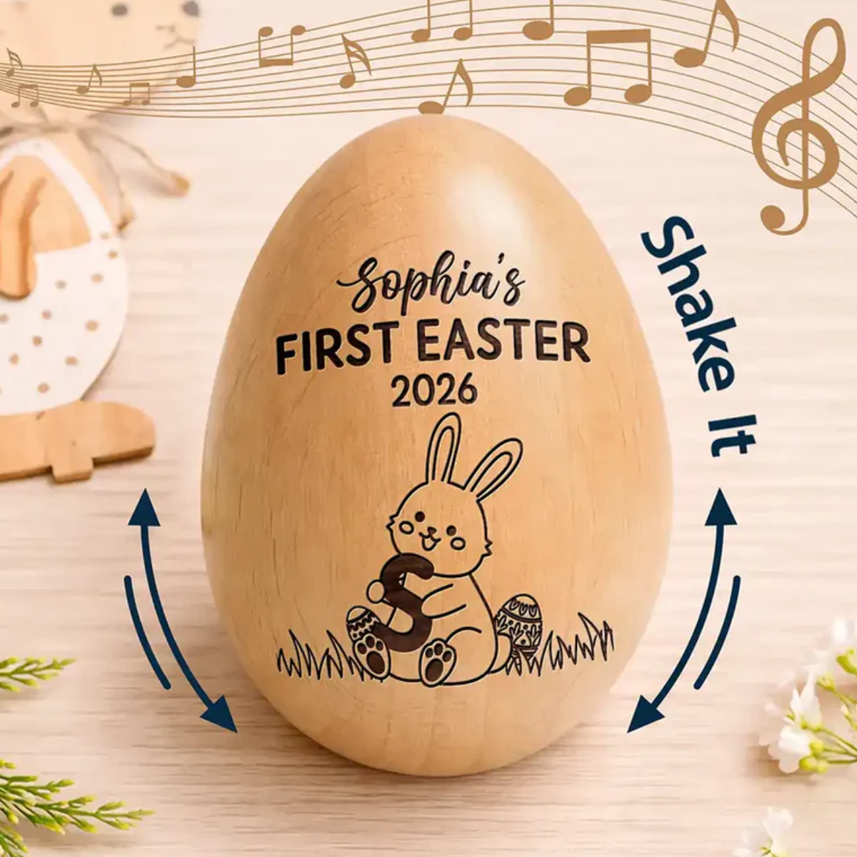 First Easter With Alphabet - Personalized Musical Wooden Easter Egg Shaker
