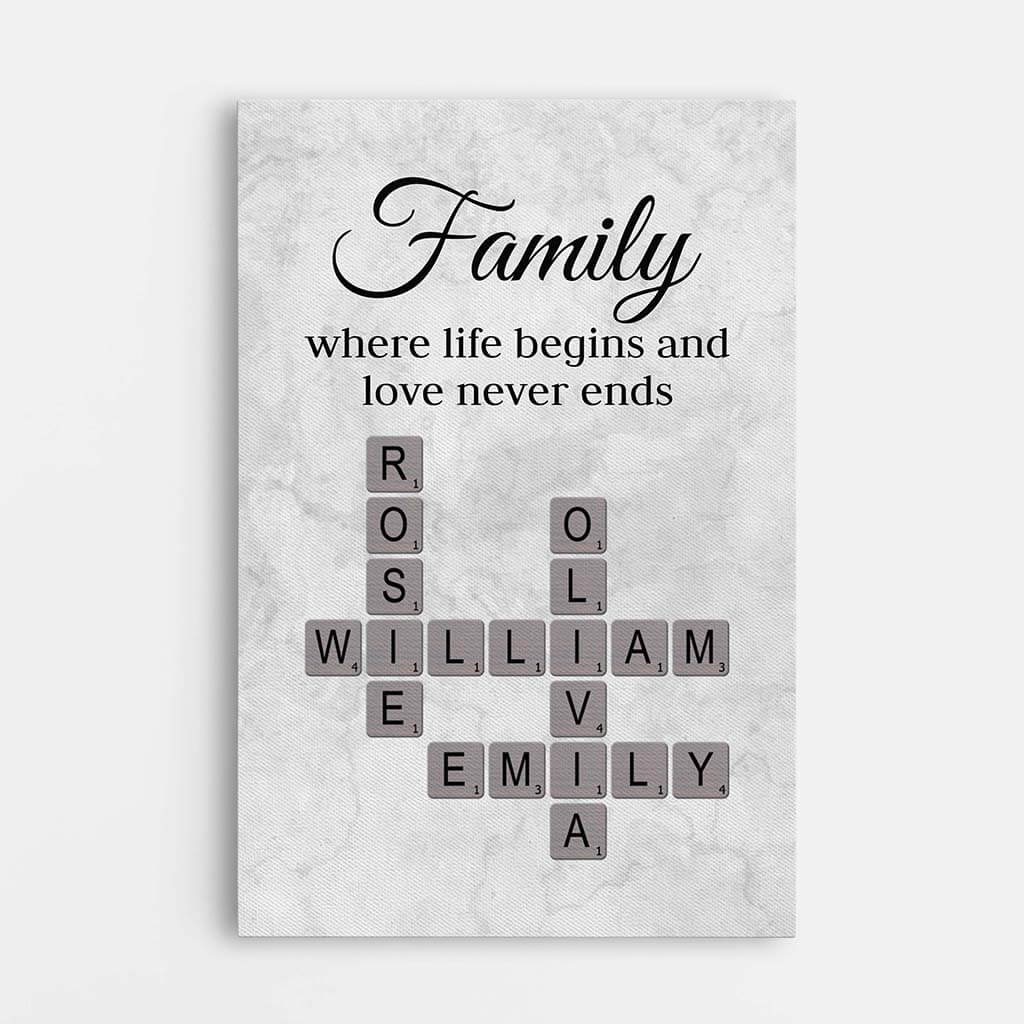 Personalised Family Where Life Begins and Love Never Ends Crossword Canvas, Gift for Family Member, Christmas Gift