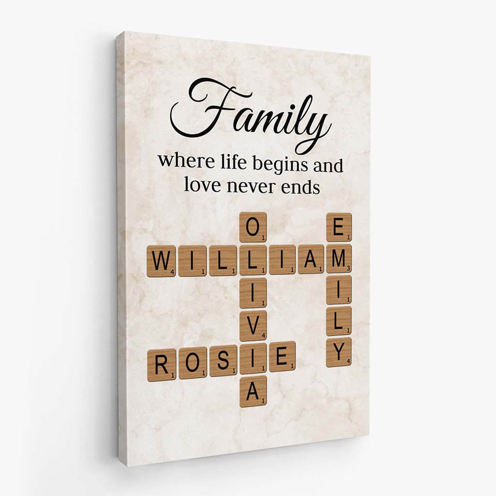 Personalised Family Where Life Begins and Love Never Ends Crossword Canvas, Gift for Family Member, Christmas Gift