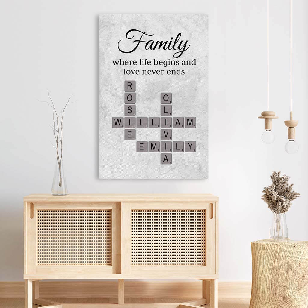 Personalised Family Where Life Begins and Love Never Ends Crossword Canvas, Gift for Family Member, Christmas Gift