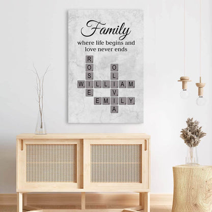Personalised Family Where Life Begins and Love Never Ends Crossword Canvas, Gift for Family Member, Christmas Gift