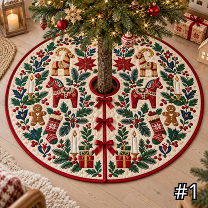 Scandinavian Folk Art Quilted Christmas Tree Skirt – Nordic Holiday Decor