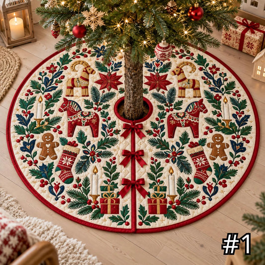 Scandinavian Folk Art Quilted Christmas Tree Skirt – Nordic Holiday Decor