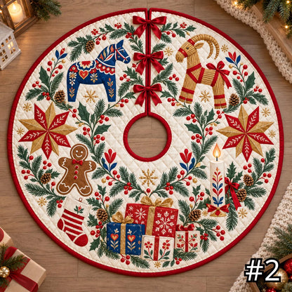 Scandinavian Folk Art Quilted Christmas Tree Skirt – Nordic Holiday Decor
