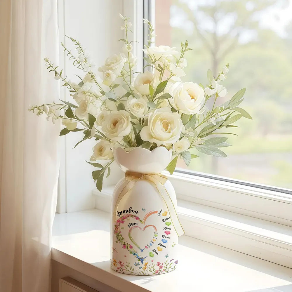 Grandma Heart - Personalized Custom Ribbon Tie Flower Vase, Gift for Grandma, Mother's Day Gift, Gift for Mom
