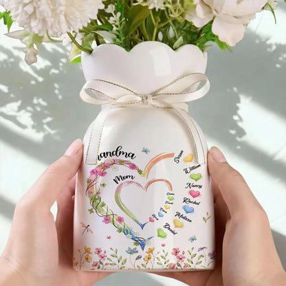 Grandma Heart - Personalized Custom Ribbon Tie Flower Vase, Gift for Grandma, Mother's Day Gift, Gift for Mom