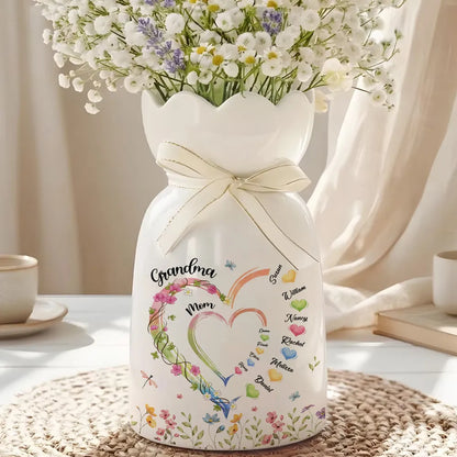 Grandma Heart - Personalized Custom Ribbon Tie Flower Vase, Gift for Grandma, Mother's Day Gift, Gift for Mom