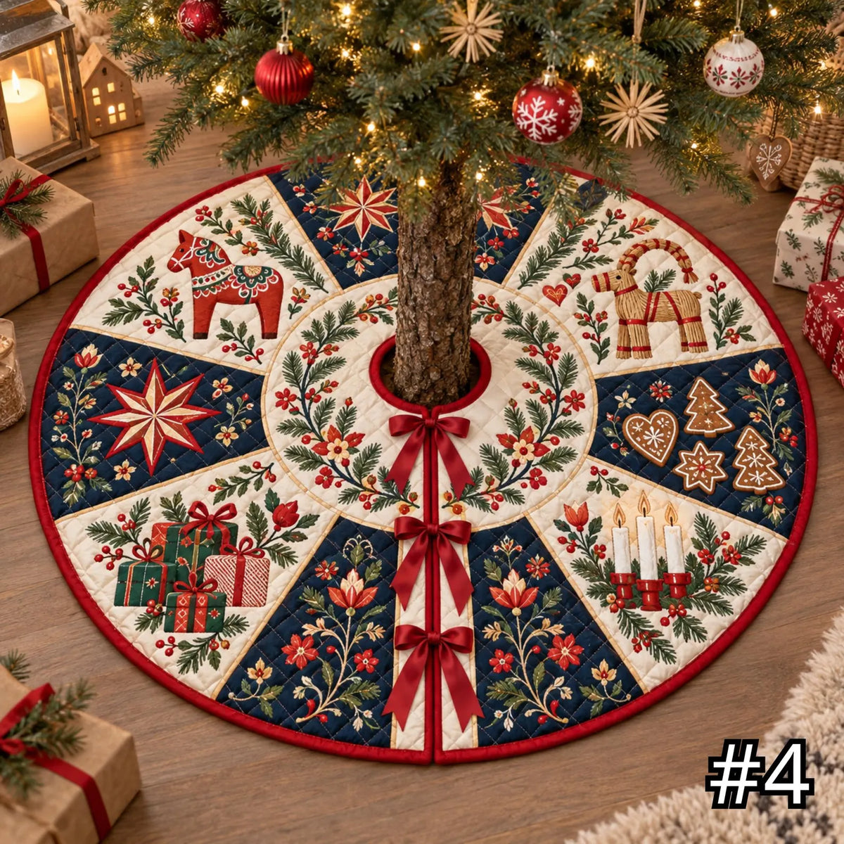 Scandinavian Folk Art Quilted Christmas Tree Skirt – Nordic Holiday Decor