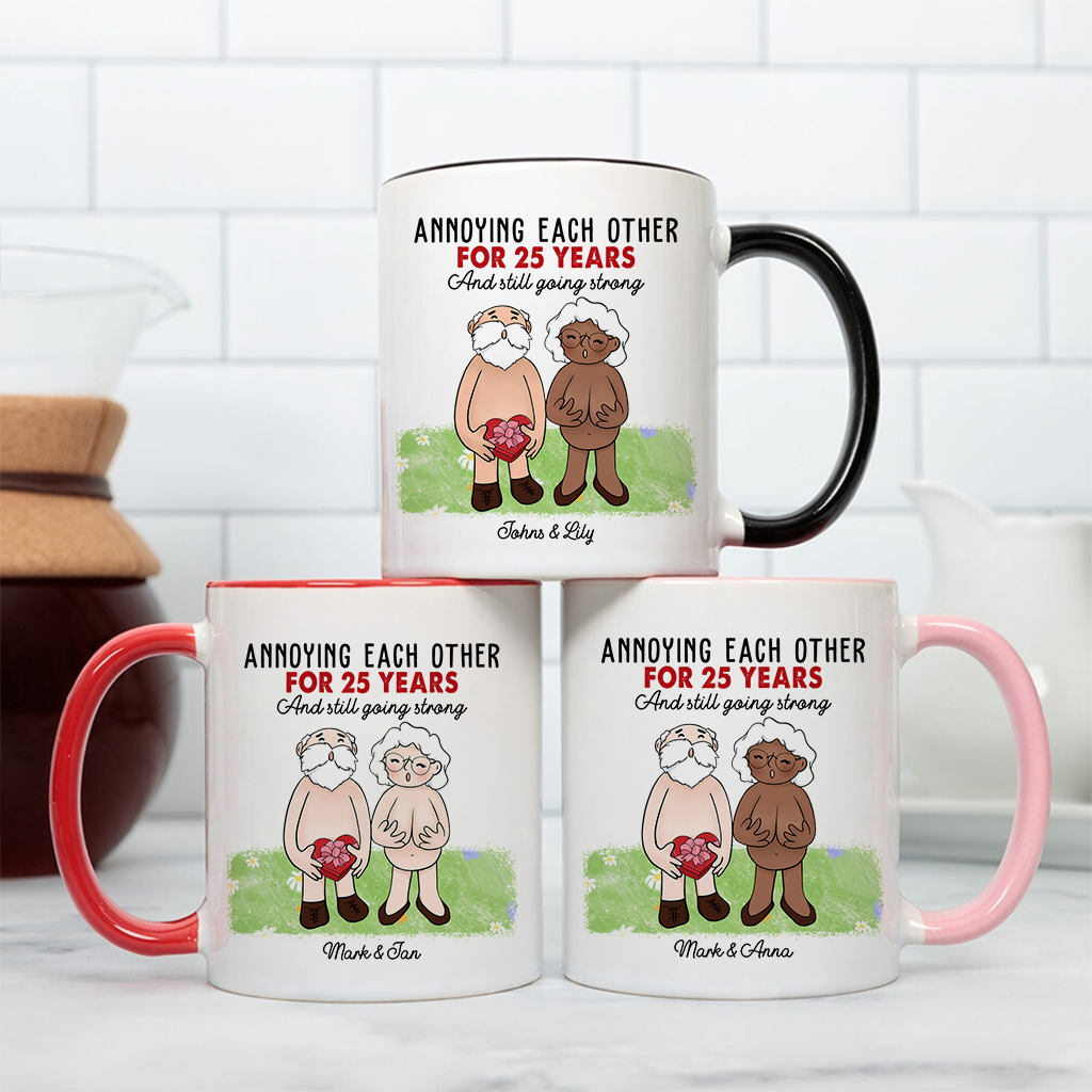 Annoying Each Other For Many Years Personalized Accent Mug, Anniversary Valentine Gift For Couple, Old Couple Coffee Mug