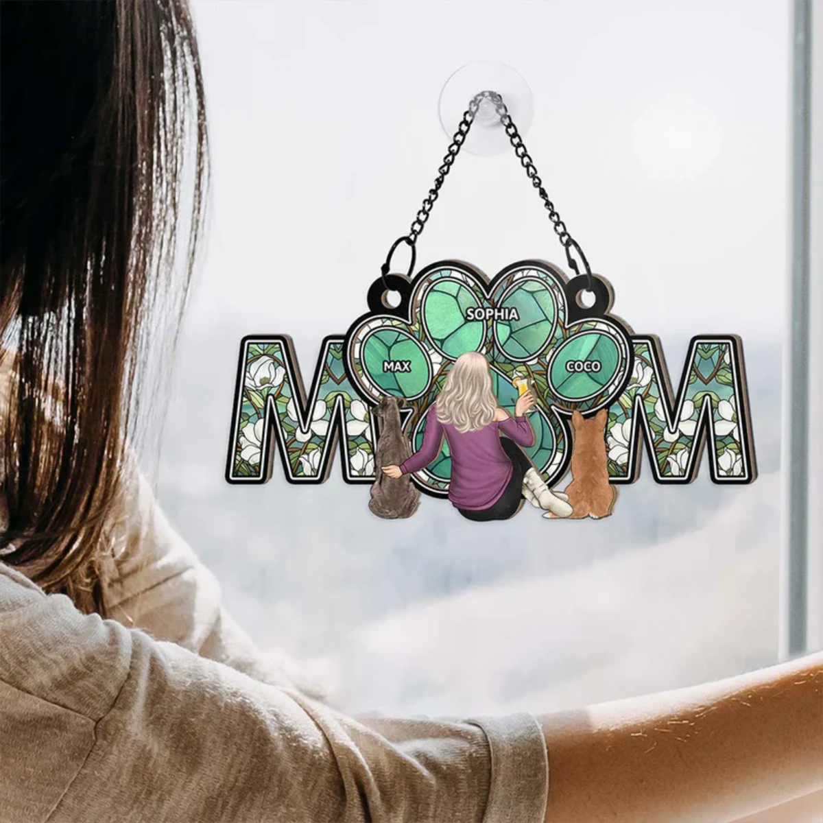 Dog Mom With Heart - Personalized Window Hanging Suncatcher Ornament