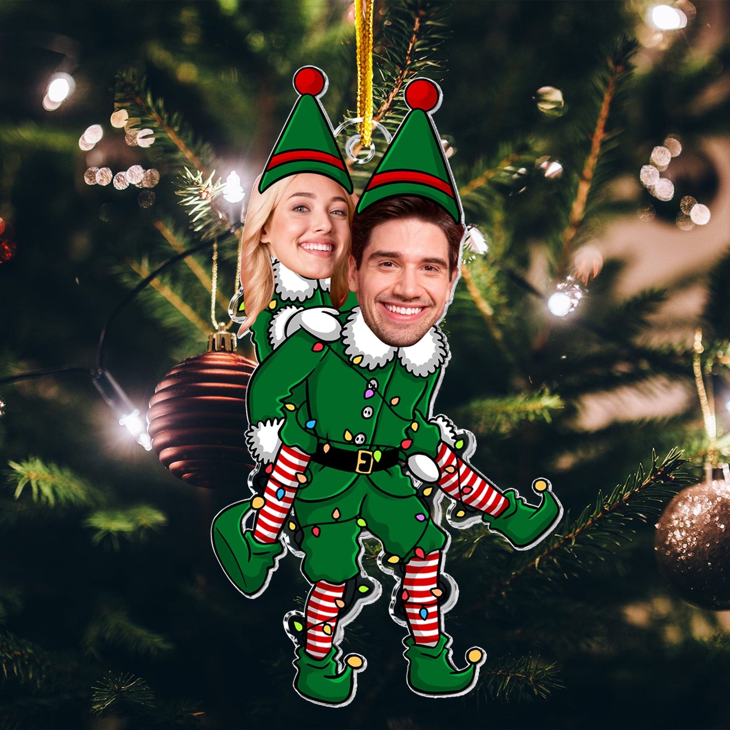 Couple Funny Elf - Personalized Acrylic Photo Ornament, Christmas Elves Couple Ornament Hanging, Gift for Him, Her, Wife, Husband