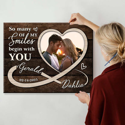 So Many Smiles Begin With You - Custom Heart-Shaped Photo Rustic Wood Canvas Wall Art