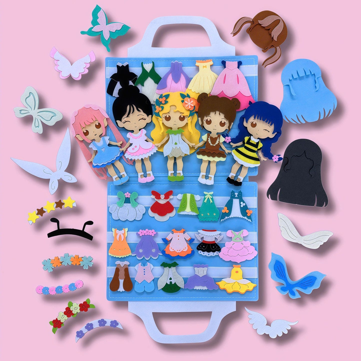 Fairy Princess Felt Dress-Up Doll Playset v2 – Peel & Stick Fashion Activity Book with Carry Bag, Personalized Handmade Kids Toy