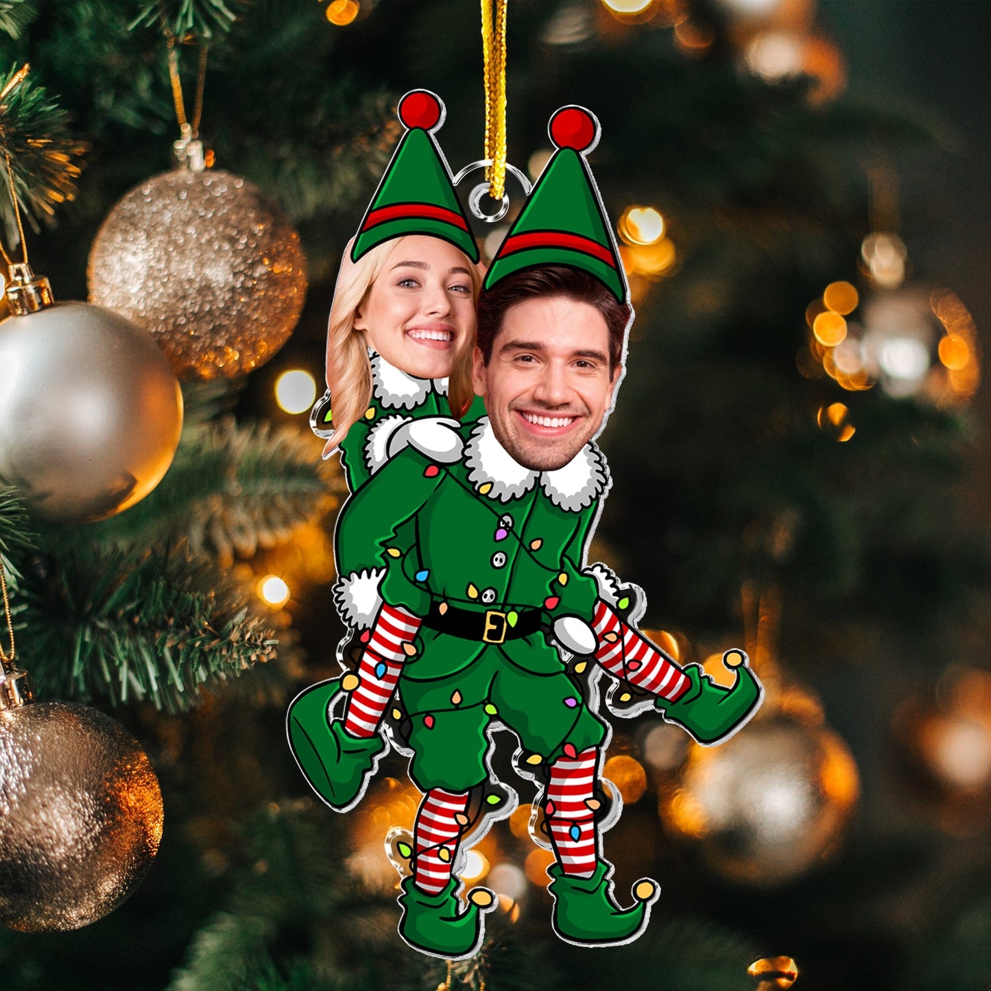 Couple Funny Elf - Personalized Acrylic Photo Ornament, Christmas Elves Couple Ornament Hanging, Gift for Him, Her, Wife, Husband