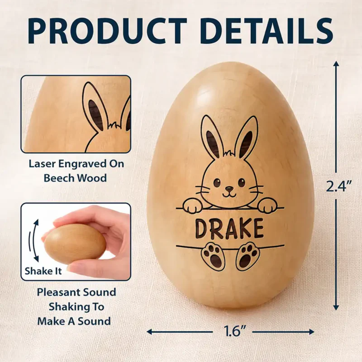 Adorable Bunny With Name - Personalized Musical Wooden Easter Egg Shaker
