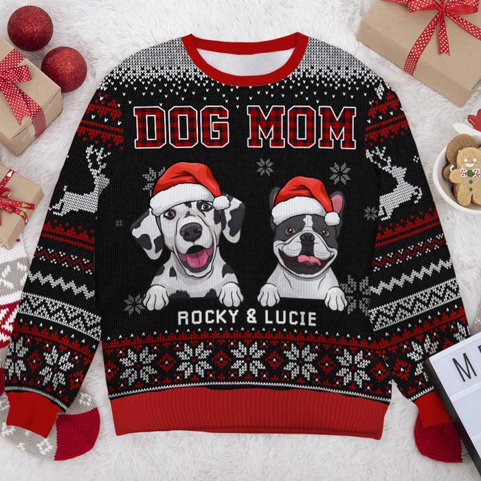 Best Dog Mom & Dog Dad Ever Ugly Sweater - Personalized Custom Unisex Ugly Christmas Sweatshirt, Wool Sweatshirt, All-Over-Print Sweatshirt - Gift For Dog Lovers, Pet Lovers, Christmas Gift