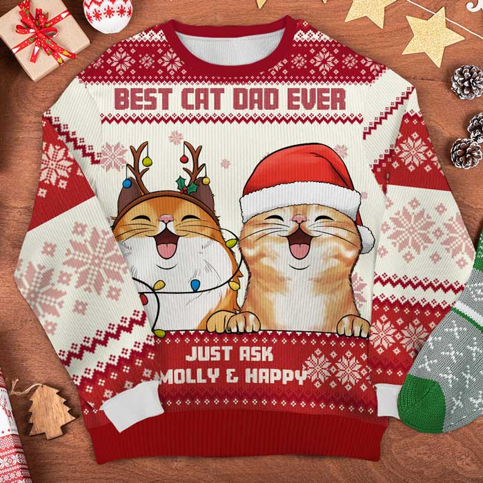 Best Cat Dad Ever Ugly Sweater - Personalized Custom Unisex Ugly Christmas Sweatshirt, Wool Sweatshirt, All-Over-Print Sweatshirt - Gift For Cat Lovers, Pet Lovers, Christmas Gift