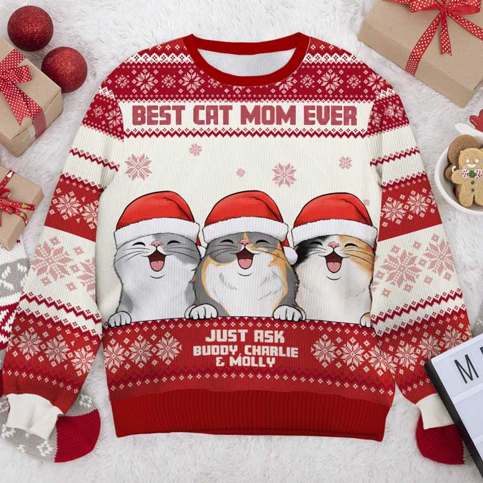 Best Cat Dad Ever Ugly Sweater - Personalized Custom Unisex Ugly Christmas Sweatshirt, Wool Sweatshirt, All-Over-Print Sweatshirt - Gift For Cat Lovers, Pet Lovers, Christmas Gift