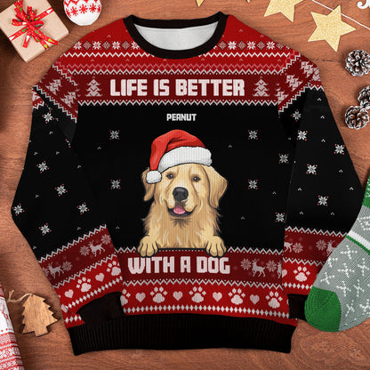 Life Is Better With Dogs Ugly Sweater - Personalized Custom Unisex Ugly Christmas Sweatshirt, Wool Sweatshirt, All-Over-Print Sweatshirt - Gift For Dog Lovers, Pet Lovers, Christmas Gift