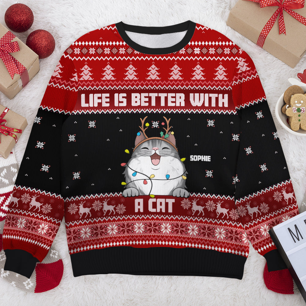 Life Is Better With Cats Ugly Sweater, Personalized Custom Unisex Ugly Christmas Sweatshirt, Wool Sweatshirt, All-Over-Print Sweatshirt, Gift For Cat Lovers, Christmas Gift